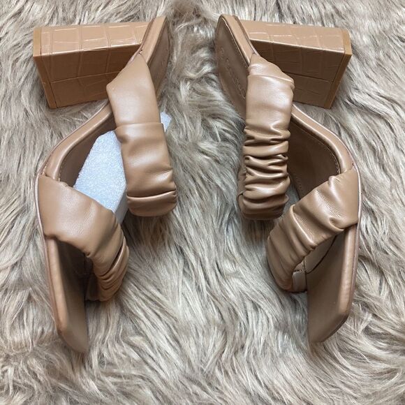 Coutgo Scrunch Stretch Strap Chunky Heeled Slip on Slides Backless Block Sandals - Picture 5 of 9